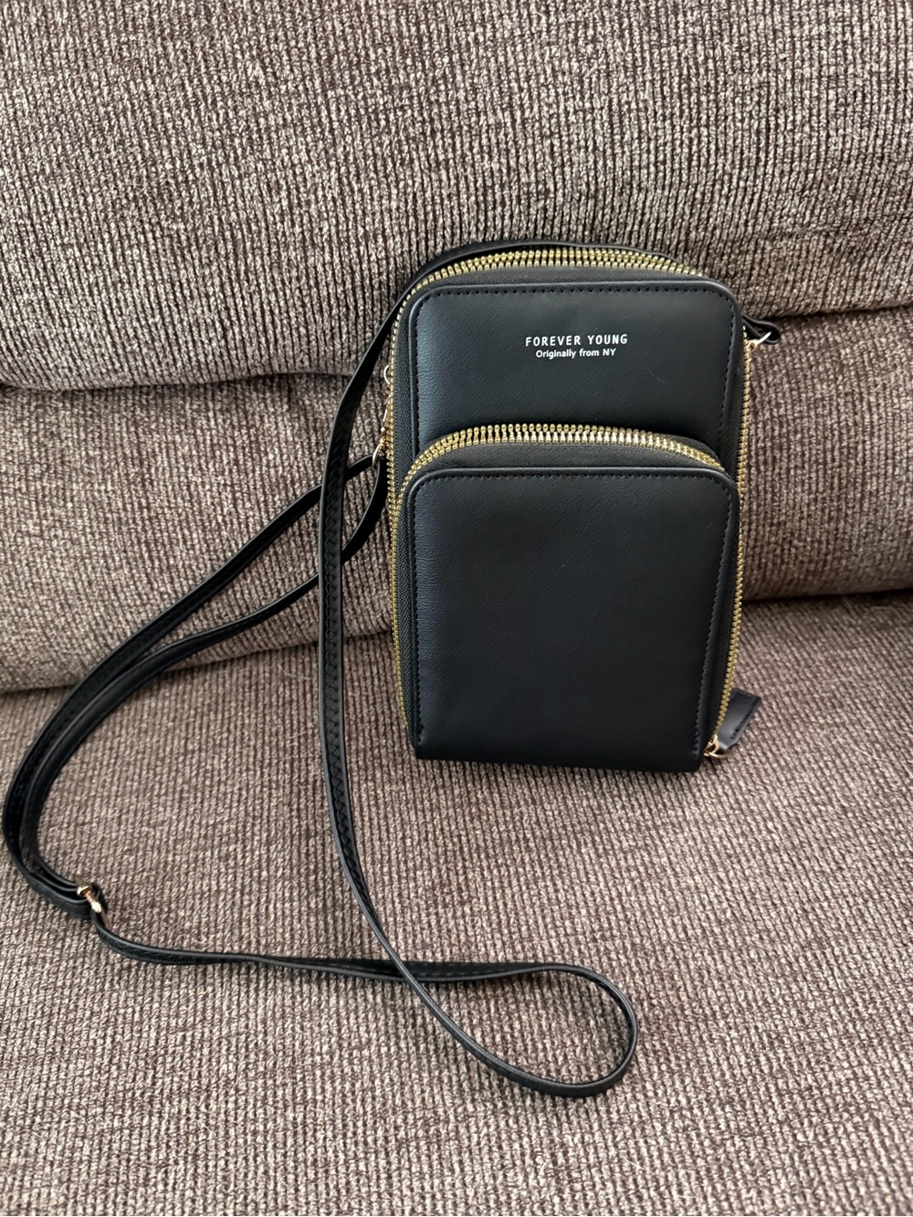 Forever Young Black Faux-Leather Crossbody Pouch with Gold Zippers